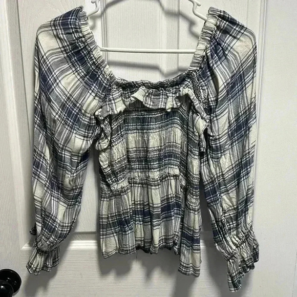 Angie Tops - PLAID PUFFY SLEEVE TAN AND BLUE SLIGHTLY CROPPED TOP